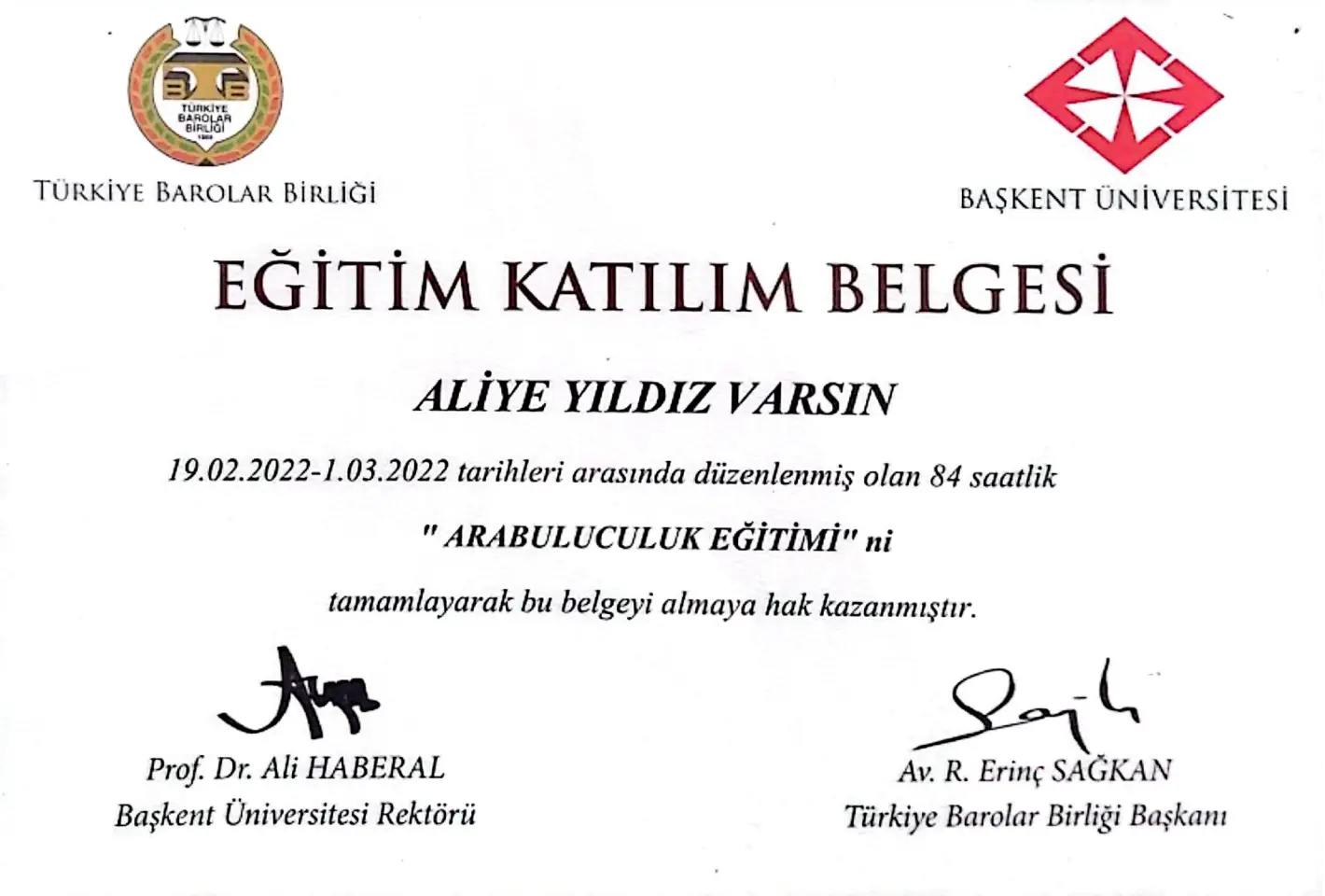 avukat aliye yıldız varsın arabuluculuk eğitimi