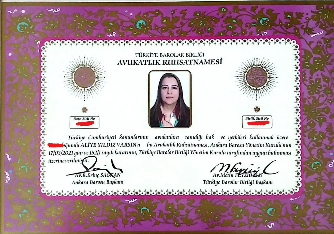 aliye yıldız varsın avukatlık ruhsatnamesi